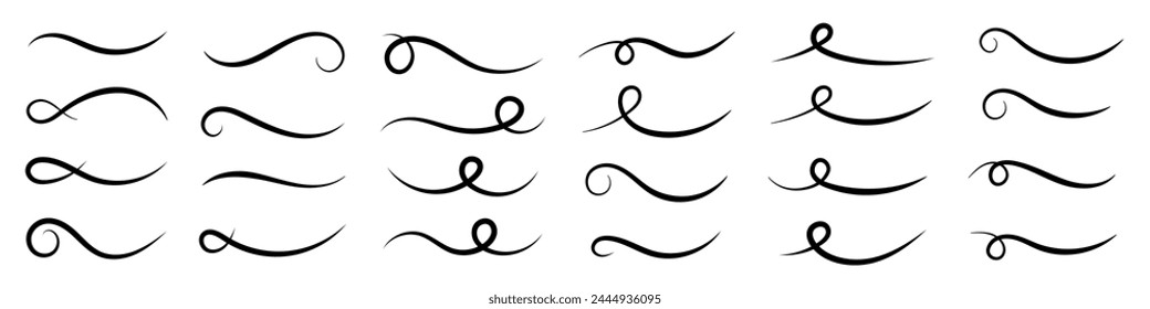 Underline text. Hand drawn collection of curly swishes, swashes, swoops. Calligraphy swirl. Highlight text elements.