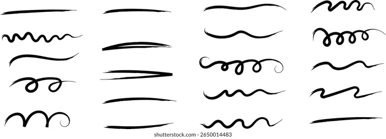 Underline Vector Set – Hand-Drawn Brush Strokes and Vintage Dividers. Calligraphic Underline and Border Vector. Black Brushstroke Underlines and Swirl Dividers