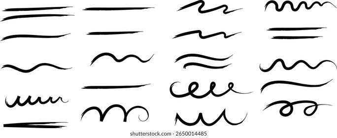 Underline Vector Set – Hand-Drawn Brush Strokes and Vintage Dividers. Calligraphic Underline and Border Vector. Black Brushstroke Underlines and Swirl Dividers