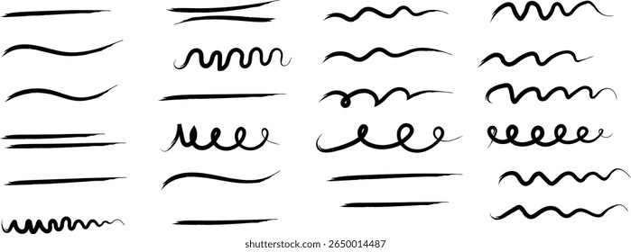 Underline Vector Set – Hand-Drawn Brush Strokes and Vintage Dividers. Calligraphic Underline and Border Vector. Black Brushstroke Underlines and Swirl Dividers