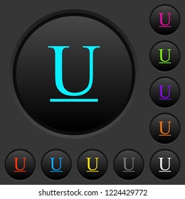 Underlined font type dark push buttons with vivid color icons on dark grey background