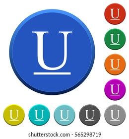Underlined font type round color beveled buttons with smooth surfaces and flat white icons