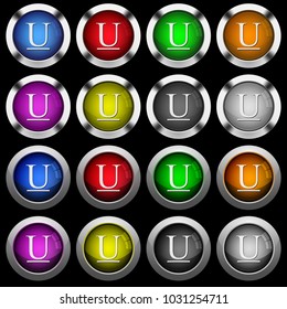 Underlined font type white icons in round glossy buttons with steel frames on black background.