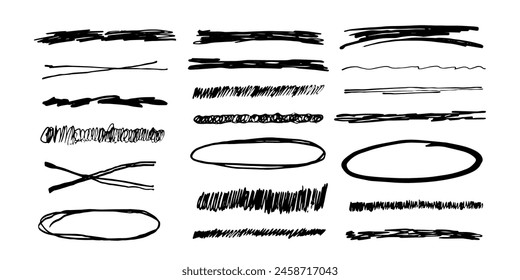 Underlines emphasis set brush stroke, marker lines grunge curve, wavy marks textured simple borders strikethrough isolated on white background. Creative collection scribble brush or crayon checks