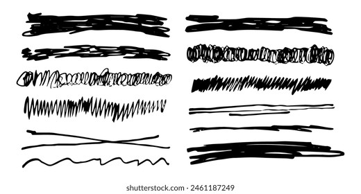 Subraya el énfasis establecido trazo de pincel, líneas de marcador grunge curva, marcas onduladas texturizadas bordes simples tachado aislado sobre fondo blanco. Pincel de garabato de colección creativa o controles de crayón