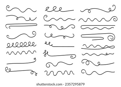 Subraya el conjunto dibujado a mano. Divisores, separadores, bordes, colección de doodle estilo varios elementos de acentuación de arte para la decoración de texto. Aislado. Ilustración del vector