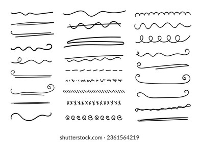 Subraya el conjunto dibujado a mano. Divisores, separadores, bordes, colección de doodle estilo varios elementos de acentuación de arte para la decoración de texto. Aislado. Ilustración del vector
