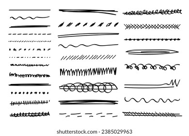 Subraya el conjunto dibujado a mano. Divisores manuscritos, separadores, bordes, colección de estilo doodle varios elementos de acentuación de arte para la decoración de texto. Aislado. Ilustración del vector