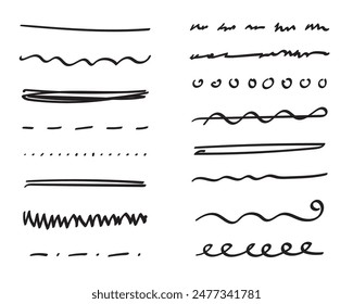 Subraya el conjunto dibujado a mano. Separadores, separadores, bordes, colección de estilo doodle varios Elementos de acentuación de arte para la decoración de texto. Aislado. Ilustración vectorial