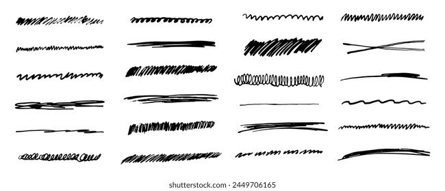 Underlines set brush stroke, marker lines grunge curve, wavy free hand marks textured simple borders strikethrough isolated on white background. Creative collection scribble brush or crayon checks