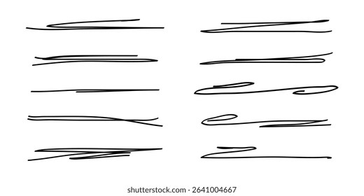 Underlines set, hand drawn accentuation marker pen strokes. Doodle style divider separator handwritten collection wavy curly various strips art lines. Isolated. Vector illustration