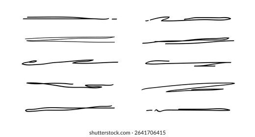 Underlines set, hand drawn accentuation marker pen strokes. Doodle style divider separator handwritten collection wavy curly various strips art lines. Isolated. Vector illustration