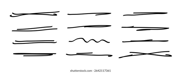 Underlines set, hand drawn accentuation marker pen strokes. Doodle style divider separator handwritten collection wavy curly various strips art lines. Isolated. Vector illustration