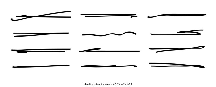 Conjunto de sublinhados, traços de caneta marcadores de acentuação desenhados à mão. Separador de divisor de estilo Doodle coleção manuscrita ondulado encaracolado várias tiras de linhas de arte. Isolado. Ilustração vetorial