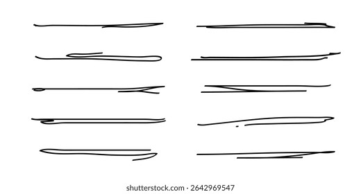 Underlines set, hand drawn accentuation marker pen strokes. Doodle style divider separator handwritten collection wavy curly various strips art lines. Isolated. Vector illustration