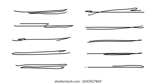 Conjunto de sublinhados, traços de caneta marcadores de acentuação desenhados à mão. Separador de divisor de estilo Doodle coleção manuscrita ondulado encaracolado várias tiras de linhas de arte. Isolado. Ilustração vetorial