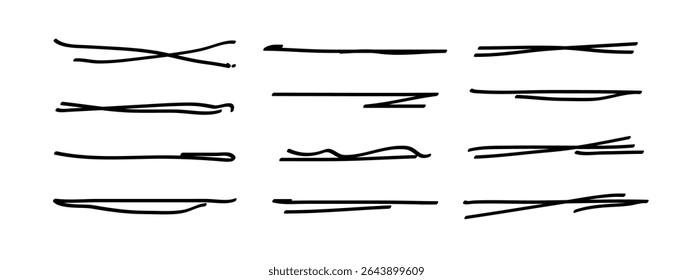 Conjunto de sublinhados, traços de caneta marcadores de acentuação desenhados à mão. Separador de divisor de estilo Doodle coleção manuscrita ondulado encaracolado várias tiras de linhas de arte. Isolado. Ilustração vetorial