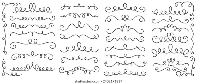 Underlines set with swishes swooshes and curly strokes. Swash hand drawn dividers. Squiggle calligraphy elements. Vector swirl doodle with hearts and crowns