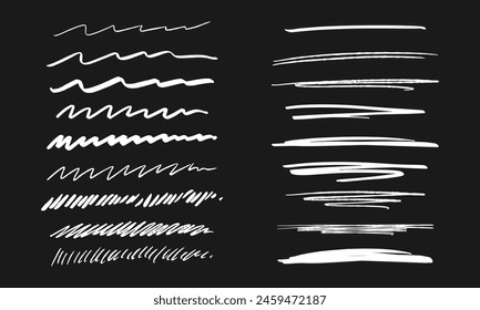 Underlining and scribbling. Collection of eighteen randomly drawn white squiggles and doodles on a black background. Vector set of handwritten symbols and signs