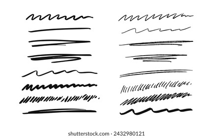 Underlining and scribbling. Collection of sixteen randomly drawn squiggles and doodles. Vector set of handwritten symbols and signs