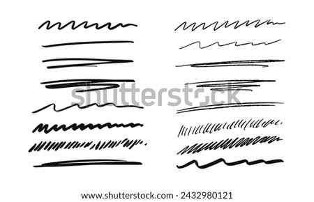 Underlining and scribbling. Collection of sixteen randomly drawn squiggles and doodles. Vector set of handwritten symbols and signs