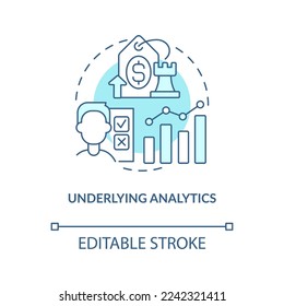Underlying analytics blue concept icon. Basic data analysis. Price testing key factor abstract idea thin line illustration. Isolated outline drawing. Editable stroke. Arial, Myriad Pro-Bold fonts used