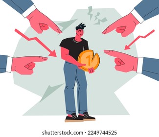 Trabajador mal remunerado en un ambiente de trabajo hostil y tóxico y regañado por sus superiores. Escaso trabajo, sobrecarga y agresiva actitud borisca de manejo, vector plano aislado sobre fondo blanco.