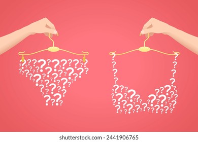 Underpants and bra made from question mark symbols on hangers in hands of woman over colored background, beautiful lingerie in white color. Choosing underwear, beauty and fashion concept