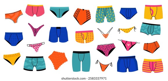 Underpants. Cartoon underwear clothing for man and woman, colorful underwear garment swimwear apparel bikini swimsuit underclothes. Vector panties flat set.