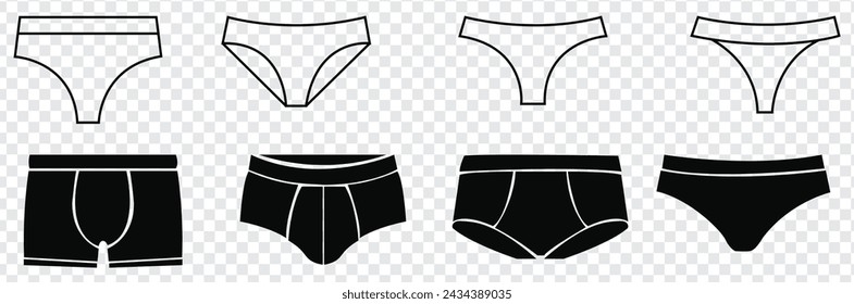 Underpants icon. Set of linear men's underwear icons. Vector illustration. Men's underpants vector icons. Black linear underwear icons svg