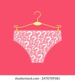 Underpants made from question mark symbols on clothes hanger over colored background, beautiful lingerie in white color. Choice of styles, designs and shapes of underwear, beauty and fashion concept