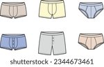 Underpants, shorts, boxers flat sketch. Set of underwear apparel design. Women CAD mockup. Fashion technical drawing template. Vector illustration.