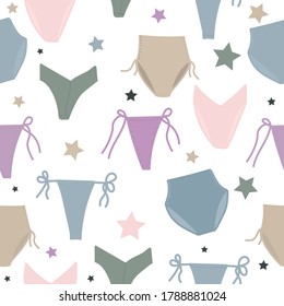 Calzoncillos con estrellas sin costura en el vector estilo doodle. Ropa interior en verano. Bajas penalidades para mujer, chica, señora. Moda femenina de lencería. Diseño para papel de regalo, tarjeta o banner.