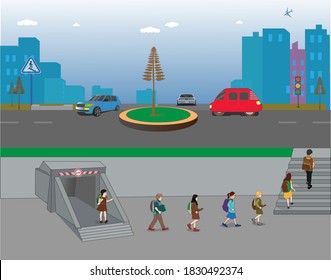 underpass, footbridge, overpass, children using pedestrian crossing. lower bridge. underpass vector illustration, lower pedestrian crossing, crosswalk