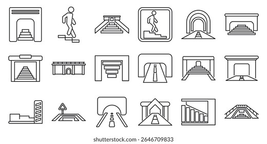  Underpass icons set. Line art icons representing various types of underground passages, subways, and pedestrian tunnels, emphasizing accessibility and urban infrastructure