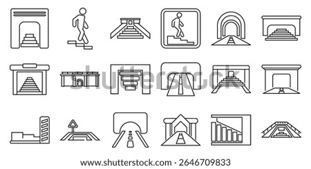  Underpass icons set. Line art icons representing various types of underground passages, subways, and pedestrian tunnels, emphasizing accessibility and urban infrastructure