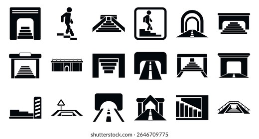  Ícones de sublinhado definidos. Conjunto de ícones de travessia subterrânea e entrada de túnel representando vários pontos de acesso, incluindo escadas, estradas e passagens para pedestres e veículos