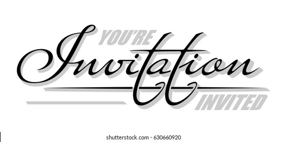 Underscore handwritten text "Invitation" with shadow. Hand drawn calligraphy lettering