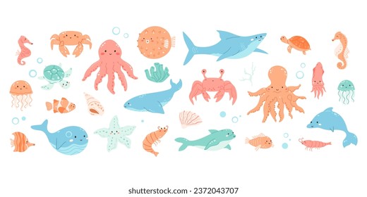 Undersea animals big collection. Cute fish set, octopus, baby dolphin, seahorse, shrimp with kawaii face, squid, puffer fish, shark, turtle, crab. Aquatic cartoon bundle. Vector illustration.