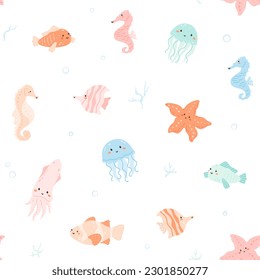 Undersea animals, seamless pattern with cute aqua creatures, fish, kawaii squid, jellyfish, starfish, pretty seahorse. Minimal background, vector illustration. Underwater characters, bubbles, corrals