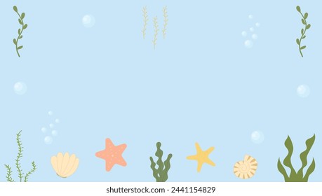 Fondo submarino. Estilo plano, fondo azul con algas, estrellas y burbujas. Plantilla vectorial para banner, póster, Web.