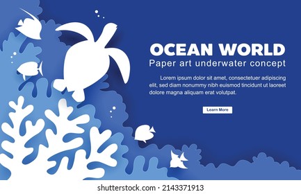 Undersea banner template, paper cut style graphics, sea turtle