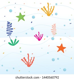 Undersea cartoon background. Marine Life Landscape, The ocean and underwater world with different inhabitants