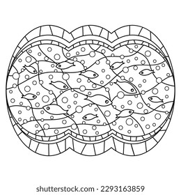 Undersea Coloring book page. Black and white vector illustration. Fish, air bubbles