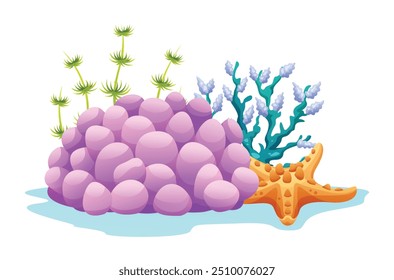 Undersea composition with coral, starfish, and seaweed. Vector cartoon illustration