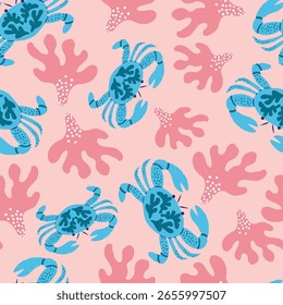 Diseño de patrón transparente de cangrejo submarino y coral