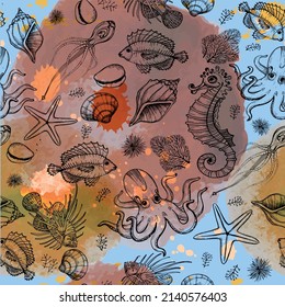 Undersea Creatures Watercolor Background Fish Seahorse And Shells Vector Seamless Pattern Design