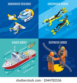 Undersea depths research isometric concept with underwater search, sea bed survey, deep water works isolated vector illustration