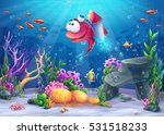 Undersea fish with rocket. Marine Life Landscape - the ocean and the underwater world with different inhabitants. For design websites and mobile phones, printing