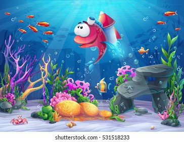 Undersea fish with rocket. Marine Life Landscape - the ocean and the underwater world with different inhabitants. For design websites and mobile phones, printing